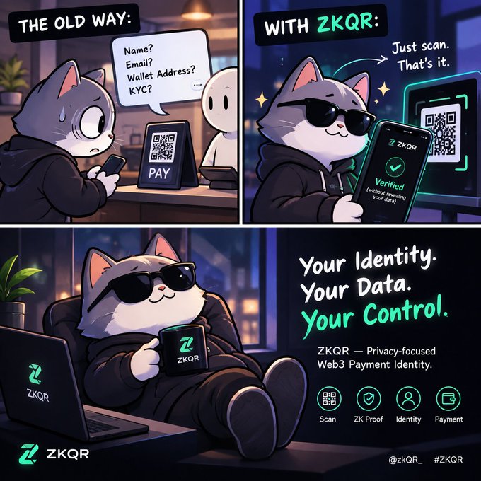 A promotional graphic for 'ZKQR' featuring cartoon cats, comparing 'THE OLD WAY' of providing personal details to 'WITH ZKQR' which involves simply scanning a QR code, with the tagline 'Your Identity. Your Data. Your Control.'