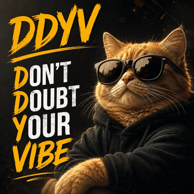 A cool orange tabby cat wearing black sunglasses and a hoodie strikes a confident pose beside bold yellow and white text reading "DDYV — DON'T DOUBT YOUR VIBE," visually reinforcing the motivational acronym shared alongside the $VIBECOIN post.