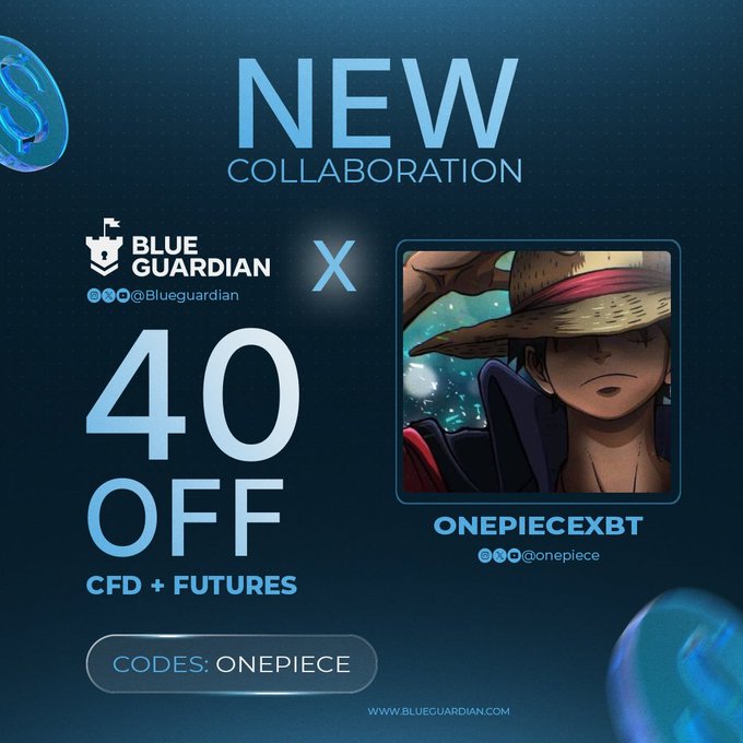 Blue Guardian promotional graphic announcing a new collaboration with ONEPIECEXBT, offering 40% off CFD + Futures using promo code ONEPIECE.