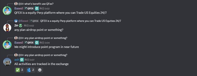 A Discord chat shows "@SV" asking "what's benefit use QFEX?", with responses describing QFEX as an equity Perp platform for trading US Equities 24/7, followed by another user (@SV) asking "any plan airdrop point or something?" to which the team replies "We might introduce point program in near future" and another user notes "All activities are tracked in the exchange." The image supports the post's claim that QFEX dodges direct airdrop questions by vaguely referencing a future "point program" or "incentive program" rather than committing to a token launch.
