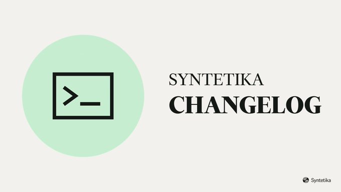 A graphic design featuring a mint green circle with a terminal/command icon alongside the text 'SYNTETIKA CHANGELOG' on a cream background.