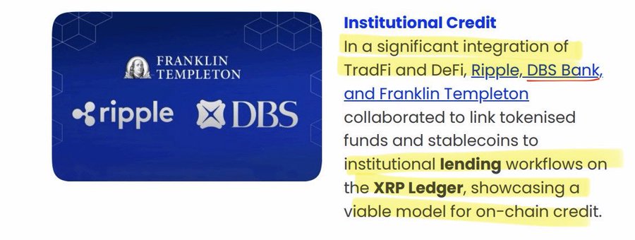 The image shows a blue square card with white text, which appears to be an advertisement for Ripple cryptocurrency. The text on the card states that Ripple has integrated with DBS Bank and the XRP Ledger can tokenize gold. Gold = 35 trillion USD See how XRP is backed by physical gold Documented.