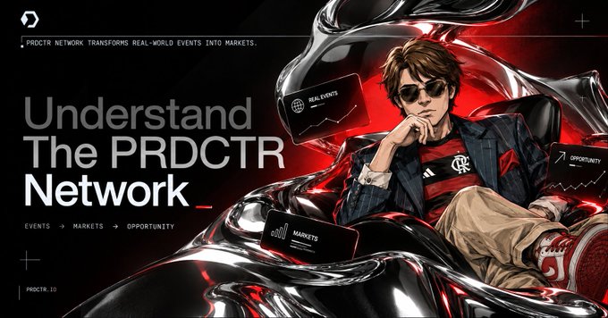 The image is a promotional graphic for the "PRDCTR Network," featuring a stylish illustrated character wearing sunglasses and a black jacket with a red and black logo, seated against a glossy red and black chrome background. Key text includes "PRODCTR NETWORK TRANSFORMS REAL-WORLD EVENTS INTO MARKETS," "Understand The PRDCTR Network," and the flow "EVENTS → MARKETS → OPPORTUNITY," along with labeled panels reading "REAL EVENTS," "MARKETS," and "OPPORTUNITY."

The image visually represents the infrastructure layer beneath prediction markets—highlighting how the PRDCTR Network transforms real-world events into tradable market opportunities, tying directly to the post's emphasis on the often-overlooked verification and settlement processes that make those markets function transparently.