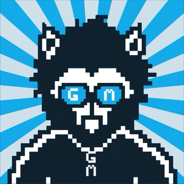 A pixel-art bear wearing sunglasses that display 'GM' text, set against a background of radiating blue and light blue stripes.