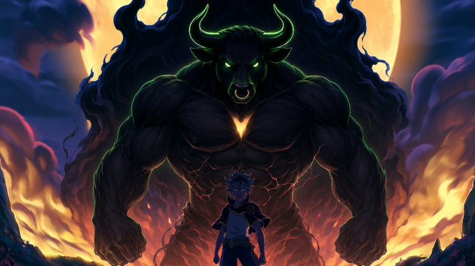 A small horned figure stands defiantly before a towering, muscular minotaur-like demon with glowing green eyes emerging from swirling flames and smoke. The image visually echoes the post's tone of facing a powerful, looming presence—likely symbolizing the bold, fearless approach to promoting the $ANSEM token before its launch.