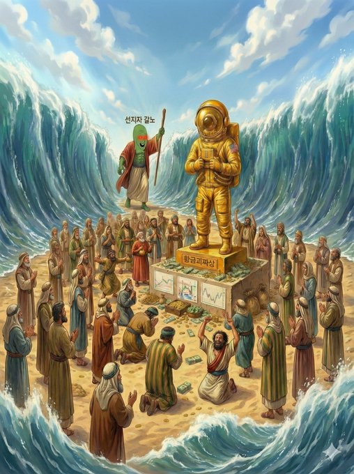 A golden statue of an astronaut labeled "$SATL" stands atop a pedestal labeled "헐골과대상" while a figure labeled "실지감깡는" raises a staff nearby, as a crowd of people kneels and throws money and charts at the statue amid parting waters. The image depicts idol worship of the "$SATL" token, satirizing believers worshipping it like a golden calf, with the caption suggesting "Galno" is distancing himself from the fiery situation as the cult shows signs of breaking down.