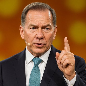 A middle-aged man in a dark suit and teal tie, wearing a headset microphone, raises his index finger while speaking against an orange-toned background. The image appears to depict a financial executive or commentator, potentially connected to institutional Bitcoin investment news, though no specific identifying text or names are visible in the image itself.