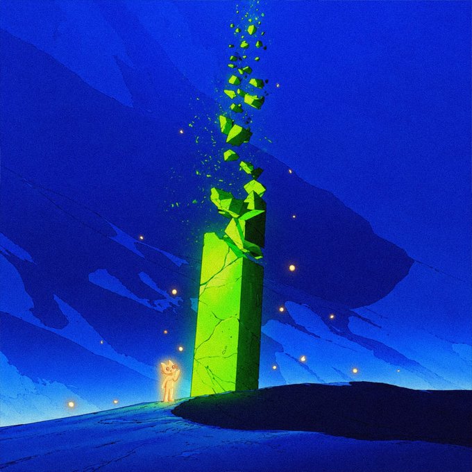 A small glowing figure stands beside a towering green monolith that appears to be dissolving upward into a stream of luminous shards against a deep blue night sky, with fireflies scattered across the landscape—visually echoing the post's message to "look up" as the figure gazes toward the ascending light, paired with the ticker $CETS.