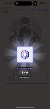 A mobile game screen displays a glowing 'Resilience Gem' reward for reaching 'Lv 6', with a 'CLICK TO COLLECT' button at the bottom.