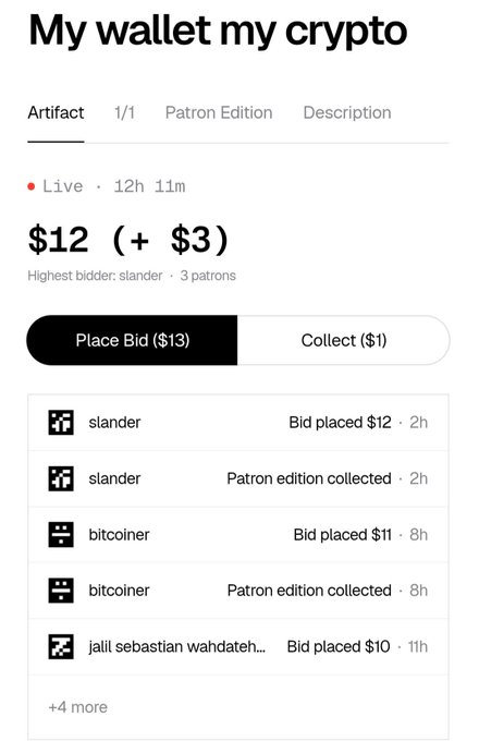 A crypto auction interface titled 'My wallet my crypto' showing a live bid of $12 (+$3) with options to 'Place Bid ($13)' or 'Collect ($1)', and a bid history from users 'slander', 'bitcoiner', and 'jail sebastian wahdateh'.