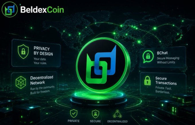 The image showcases BeldexCoin, highlighting its "Privacy by Design," "Decentralized Network," "BChat" secure messaging, and "Secure Transactions" features. This visual aligns with the questions about solving real problems, protecting data, trade-offs, and where privacy occurs in a project.