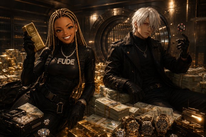 Two characters sit surrounded by massive piles of gold bars, cash, and luxury watches in a vault; the woman holds a gold bar and wears a shirt reading 'FUDE', while the silver-haired man holds a large diamond.