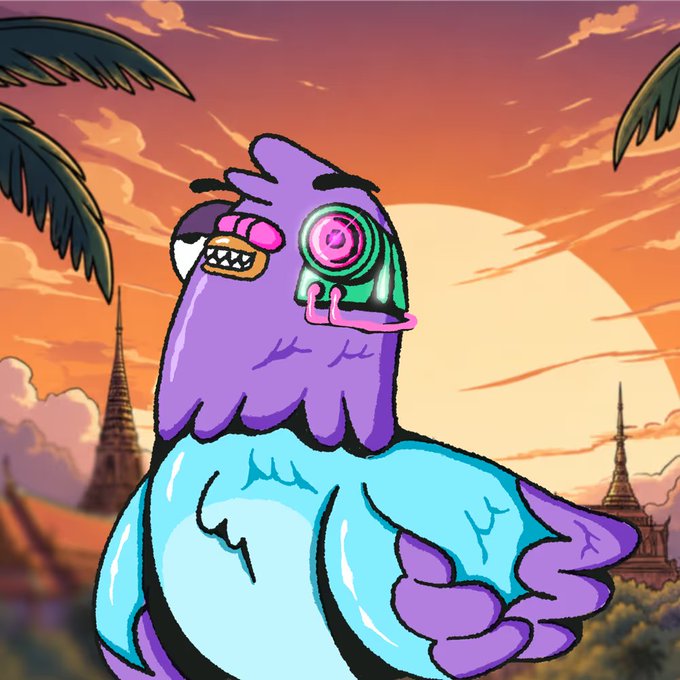 A colorful cartoon illustration of a muscular purple parrot character wearing pink and green goggles, set against a tropical sunset background with palm trees and temples.