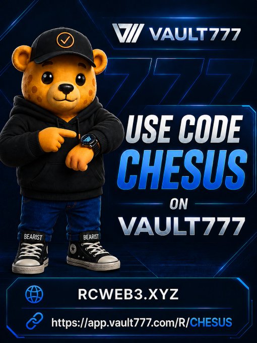 A promotional advertisement featuring a cartoon leopard mascot wearing a black hoodie and cap, promoting 'VAULT777' with the code 'CHESUS' and links to rcweb3.xyz and app.vault777.com.