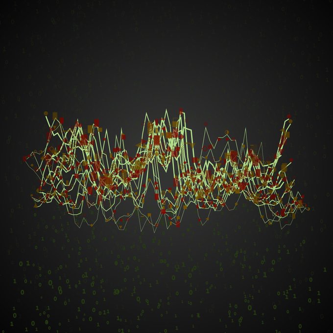 An abstract 3D visualization of a glowing line graph with red square data points fluctuates across a dark background filled with faint green binary code digits.