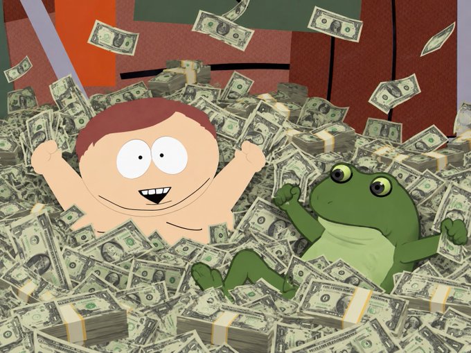 A cartoon baby and frog (resembling the "Hopium" and "Baby Hopium" memes) sit triumphantly in a massive pile of U.S. dollar bills, with the caption "FROGELINED?" playing on the internet slang "fuglined" to humorously reference an overwhelming abundance of money.