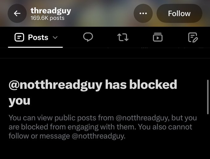 A Threads app screenshot showing that '@notthreadguy has blocked you', with the 'threadguy' profile visible at the top.