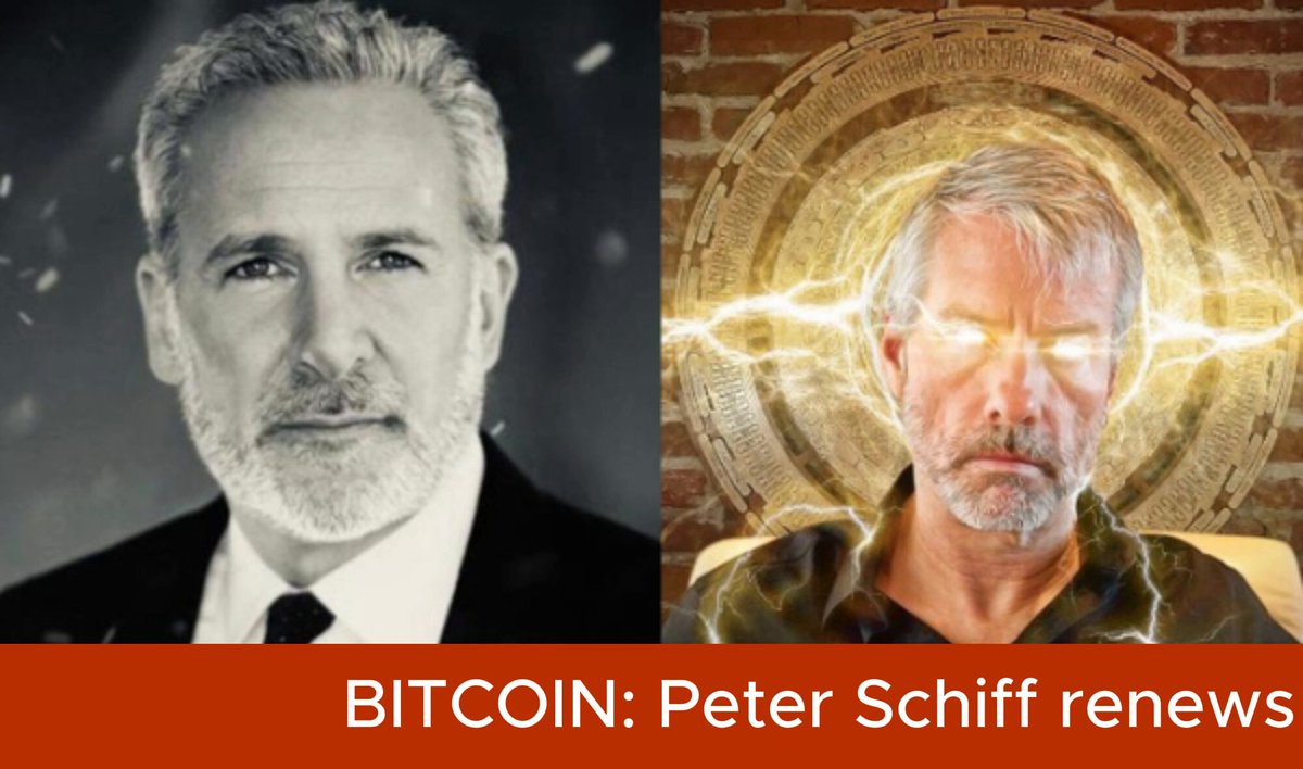 The image features a black and white photo of two men, one wearing a suit and tie and the other wearing a hat with a lightning bolt design. The man in the suit has a serious expression while the man with the lightning bolt on his hat appears to be smiling or making a funny face. Below the photos, there is text that reads "BITCOIN: Peter Schiff renews his interest in Bitcoin." This suggests that the image is related to a discussion about Bitcoin and its connection to Peter Schiff's views on cryptocurrency.