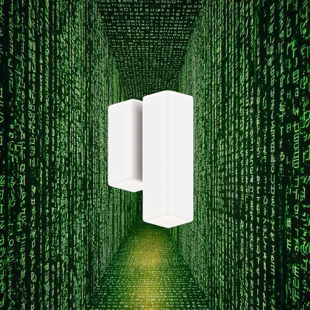 A digital artwork depicting a white 3D shape resembling a broken or hollow rectangle floating in a tunnel of cascading green code, reminiscent of the Matrix aesthetic.