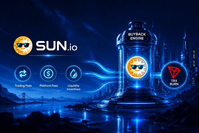 A promotional graphic for 'SUN.io' featuring its sunglasses-wearing sun logo, showing a 'BUYBACK ENGINE' that funnels 'Trading Fees', 'Platform Fees', and 'Liquidity Incentives' toward 'TRX BURN' against a futuristic blue cityscape background.