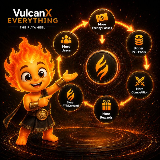A promotional graphic titled 'VulcanX EVERYTHING - THE FLYWHEEL' featuring a cartoon fire-headed character and a circular flow chart of benefits.