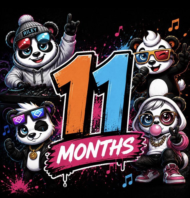 A colorful graphic featuring cartoon pandas wearing sunglasses and headphones, with text 'RILEY' on a beanie, surrounding large graffiti-style text reading '11 MONTHS'.