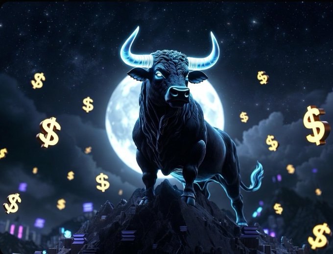 A glowing blue bull statue stands on a rocky peak against a full moon, surrounded by floating golden dollar signs and a futuristic city skyline below.