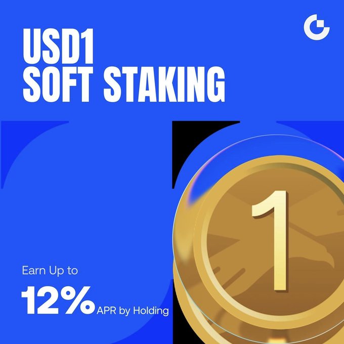 The image is a promotional graphic for "USD1 SOFT STAKING" featuring a large gold coin marked with "1" against a blue background, highlighting an offer to "Earn Up to 12% APR by Holding," which corresponds to the post's announcement of a temporary APR increase on soft-staked USD1.