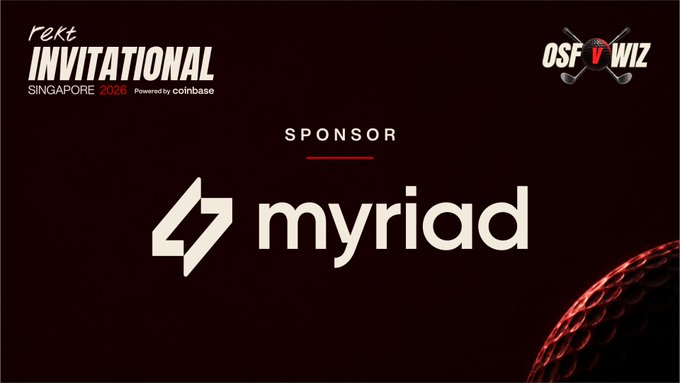 Sponsor slide for the 'REKT INVITATIONAL SINGAPORE 2026' event powered by Coinbase, featuring OSF WIZ logo and the main sponsor 'myriad' logo