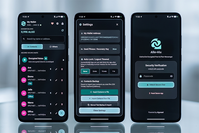 Three smartphone screens displaying the Allo-Alu secure messenger app wallet interface, showing a wallet address, settings menu (seed phrase, auto-lock, contacts backup), and security verification screen.