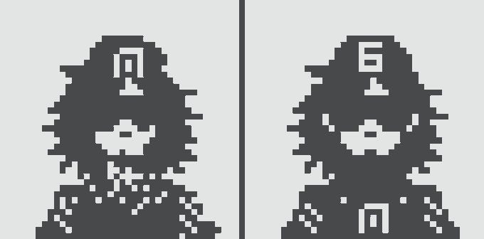 Two pixelated dark gray penguin-like figures with simple facial features stand side by side, each with a question mark-like symbol on their body.