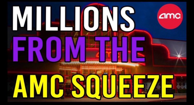 A thumbnail-style image with bold text reading 'MILLIONS FROM THE AMC SQUEEZE' over a photo of a movie theater lit with red neon lights, with the AMC logo in the corner.