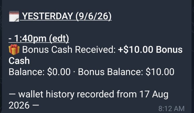 Screenshot of a wallet history notification from Partybet showing "+$10.00 Bonus Cash" received at 1:40pm (EDT) on 9/6/26, confirming the user's claim of receiving a free $10 bonus.
