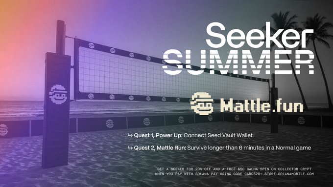 A beachside volleyball court at sunset serves as the backdrop for a "Seeker SUMMER" promotional campaign featuring Mattle.fun, highlighting R4 quests that include connecting a Seed Vault Wallet and surviving over 6 minutes in a Normal game, with a 20% off offer and $50 Gacha spin using code "CAROS201" at Solanamoile.com.