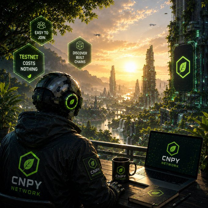 A futuristic promotional image for CNPY NETWORK featuring a figure in a high-tech helmet overlooking a sci-fi city at sunset, with hexagonal badges highlighting "EASY TO JOIN," "TESTNET COSTS NOTHING," and "DISCOVER BUILT CHAINS."