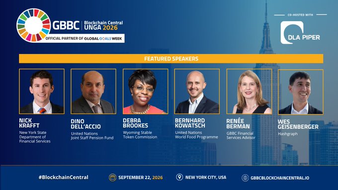 A promotional graphic for "GBBC Blockchain Central UNGA 2026" listing featured speakers including Nick Krafft, Dino Dell'Accio, Debra Brookes, Bernhard Kowatsch, Renée Berman, and Wies Geisenberger, scheduled for September 22, 2026, in New York City.