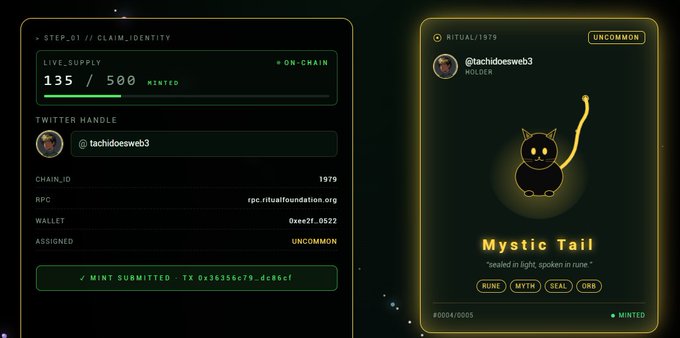 A screenshot of an NFT minting interface showing a 'Mystic Tail' digital collectible being claimed by @tachdoesweb3, with details including Chain ID 1979 and transaction hash.