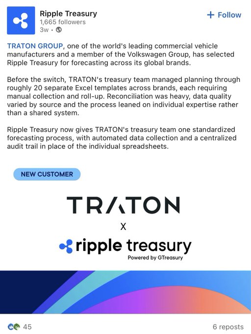 A LinkedIn post from Ripple Treasury announcing a partnership with TRATON GROUP, featuring logos for 'TRATON' and 'ripple treasury Powered by GTreasury'.