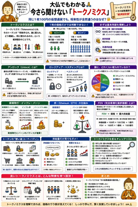 A Japanese infographic titled '大仏でもわかる 今さら聞けない「トークノミクス」' (Tokenomics explained simply, even for Daibutsu) explaining cryptocurrency tokenomics concepts with various diagrams and charts.