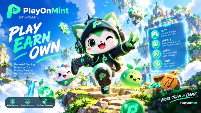 A promotional graphic for PlayOnMint (@PlayOnMint), a Web3 gaming ecosystem, featuring a cartoon character in cat-eared headphones with the text 'PLAY EARN OWN'.