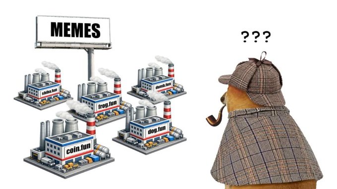 A meme illustration showing factories labeled 'MEMES', 'shiba.fun', 'tron.fun', 'coin.fun', and 'dog.fun' on the left, with a detective dog character wearing a deerstalker hat looking puzzled with '???' above it.