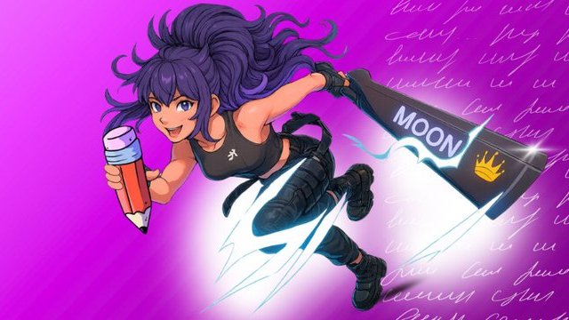 An anime-style illustration shows a smiling girl with purple hair flying forward while carrying a large pencil labeled 'MOON' with a golden crown emblem. She wears a black crop top and pants, propelled by blue light streaks against a pink background with white cursive text.
