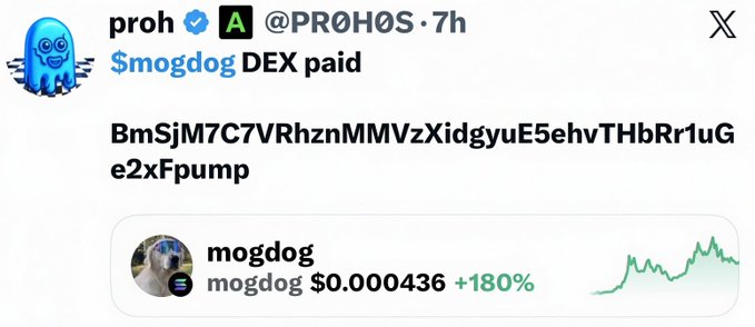 A tweet from Proh (@PR0H0S) showing a $mogdog DEX payment with a BmSjM...Fxump token address, featuring an embedded chart of mogdog up +180% to $0.000436, which relates to the post celebrating reaching 780k market cap after entering at 8k.