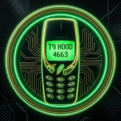A stylized Nokia-style keypad phone with green neon lighting displays "T9 HOOD 4663" on its screen, set against a circuit board-patterned circular background, promoting the T9 HOOD NFT collection's free mint of 4,663 Genesis Supply pieces. The retro T9 keypad design cleverly nods to both the Robinhood ticker "HOOD" and the classic mobile technology referenced in the project name.