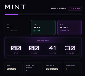 A dark-themed dashboard titled 'MINT' showing 608/3,500 progress, with phases 'GTD' (ENDED), 'FCFS' (LIVE), and 'PUBLIC' (UP NEXT), plus a countdown of 00 days, 00 hours, 41 minutes, 30 seconds at a price of 20 USDC with 1 remaining.
