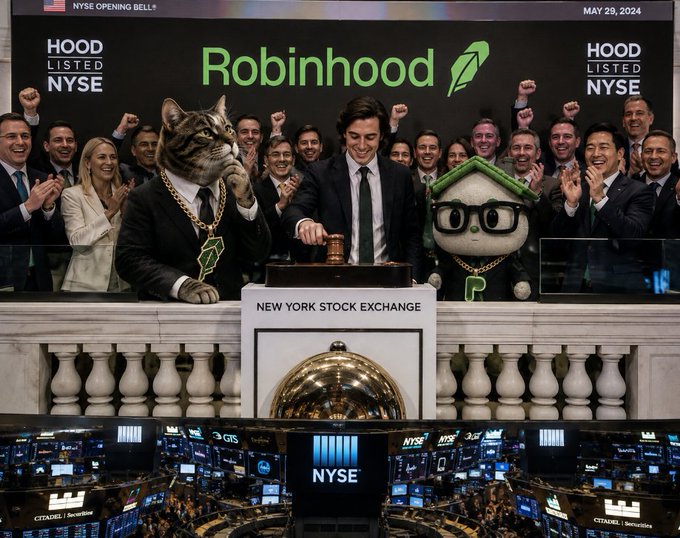A photo of the New York Stock Exchange shows the Robinhood opening bell ceremony with visible text 'HOOD LISTED NYSE' and 'MAY 29, 2024', featuring two cat-headed figures edited in among the celebrating people.