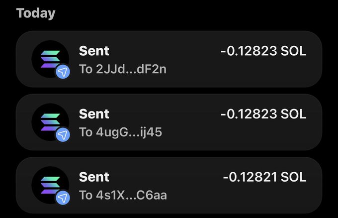 The image shows three successful SOL transactions, totaling 0.38467 SOL, to different wallet addresses, which aligns with the accompanying post stating that 3 out of 10 wallets have received funds.