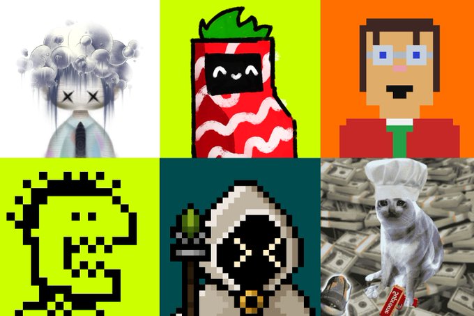 A six-panel collage showcases various NFT collections referenced in the FCFS mint announcement, featuring stylized artwork including a robotic figure with cloud-like hair (Gloobs), a cute juice box character, a pixelated Steve-like avatar (Robinhood/Machines), a green alien-like pixel sprite (Chain Mancers), a hooded figure in pixel art (OnChainHoodies/pyo), and a cat in a chef hat sitting on cash (Cash Cats) with a Coca-Cola can.

The image visually represents the qualifying NFT collections—StonkBrokers, Chain Mancers, pyopyopyopyo, Cash Cats, RH MACHINES, and OnChainHoodies—required for holders to be eligible for the FCFS (First Come, First Serve) mint phase.
