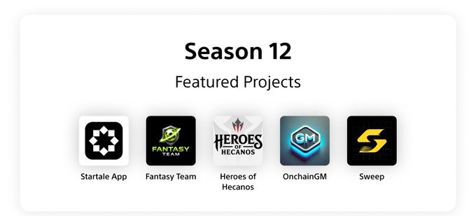 The image shows a graphic titled "Season 12 Featured Projects" displaying five mini app logos: Startale App, Fantasy Team, Heroes of Hekanos, OnchainGM, and Sweep, which aligns with the post highlighting four new mini apps joining Soneium Score Season 12 and being playable through Startale App.