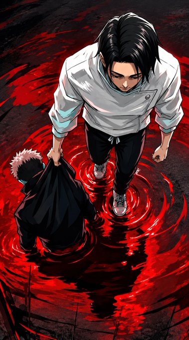 An anime-style illustration depicting a dark-haired young man in a white jacket wading through blood-red water while holding the collar of another person, with reflections rippling in the water.